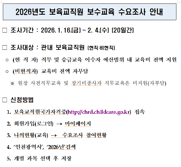 2026년 보육교직원 보수교육 계획 수립을 위한 수요조사 안내